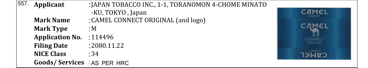Original bulletin entry for CAMEL CONNECT ORIGINAL (and logo)