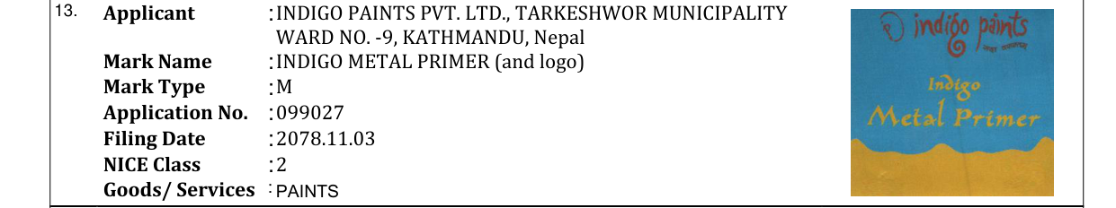Original bulletin entry for INDIGO METAL PRIMER (and logo)