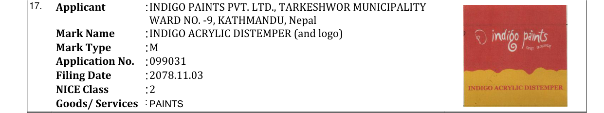Original bulletin entry for INDIGO ACRYLIC DISTEMPER (and logo)
