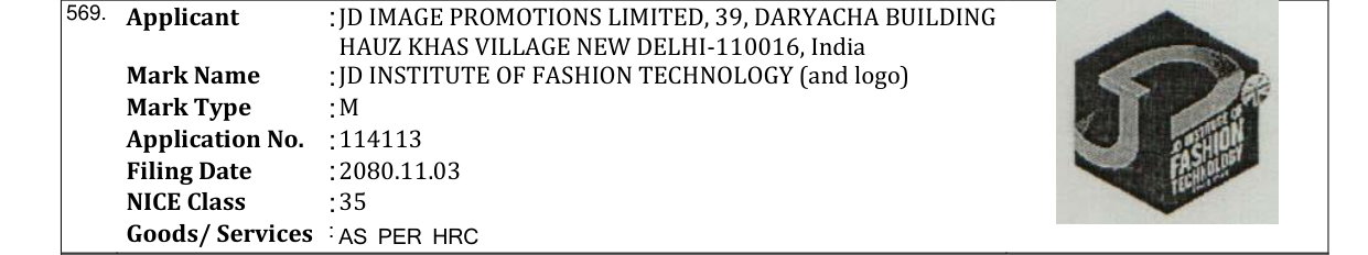 Original bulletin entry for JD INSTITUTE OF FASHION TECHNOLOGY (and logo)
