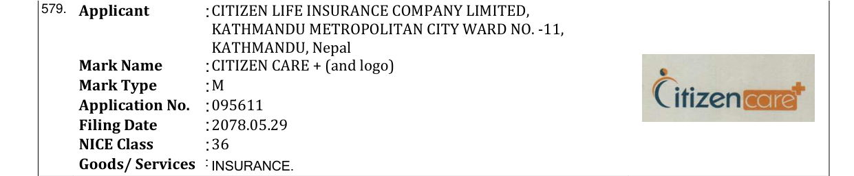 Original bulletin entry for CITIZEN CARE + (and logo)