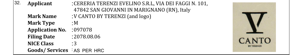 Original bulletin entry for V CANTO BY TERENZI (and logo)