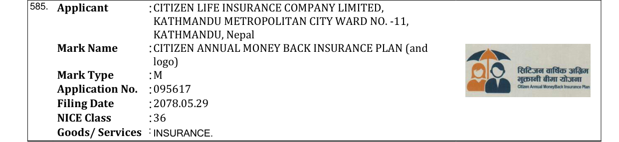Original bulletin entry for CITIZEN ANNUAL MONEY BACK INSURANCE PLAN (and logo)