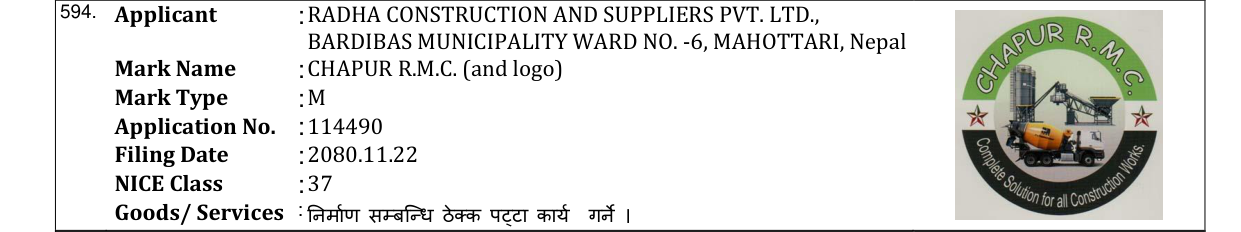Original bulletin entry for CHAPUR R.M.C. (and logo)