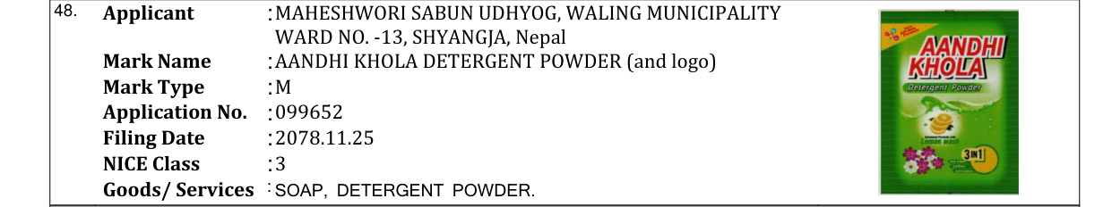 Original bulletin entry for AANDHI KHOLA DETERGENT POWDER (and logo)