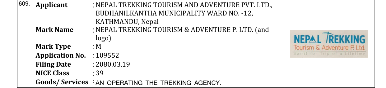 Original bulletin entry for NEPAL TREKKING TOURISM & ADVENTURE P. LTD. (and logo)