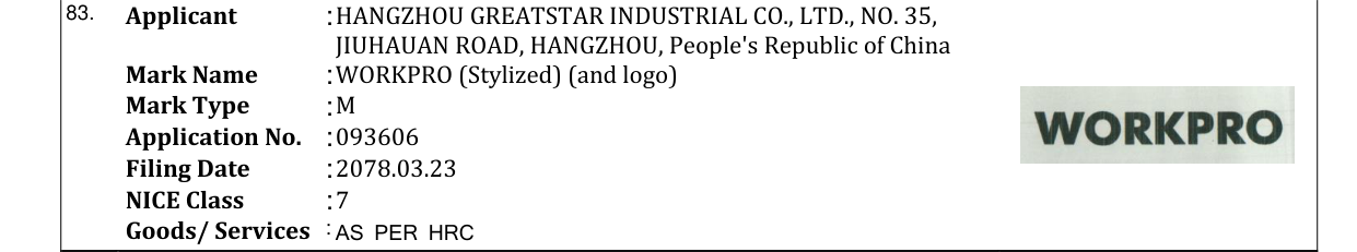 Original bulletin entry for WORKPRO (Stylized) (and logo)