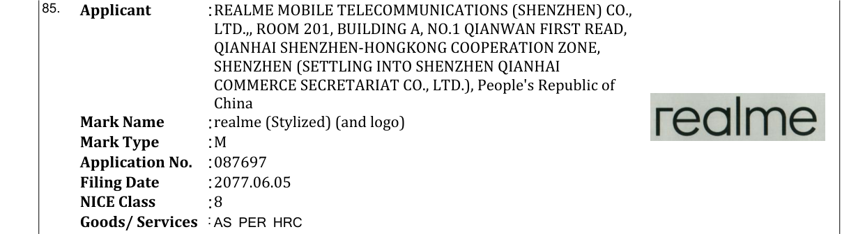 Original bulletin entry for realme (Stylized) (and logo)