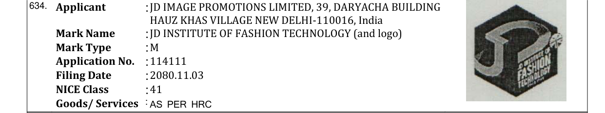 Original bulletin entry for JD INSTITUTE OF FASHION TECHNOLOGY (and logo)