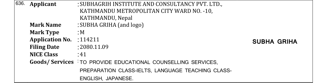 Original bulletin entry for SUBHA GRIHA (with Logo)