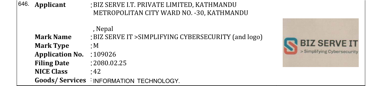 Original bulletin entry for BIZ SERVE IT >SIMPLIFYING CYBERSECURITY (and logo)