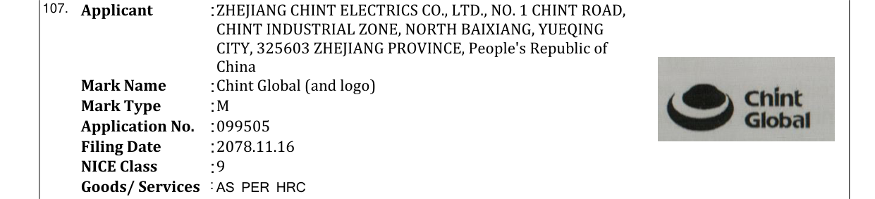 Original bulletin entry for Chint Global (and logo)