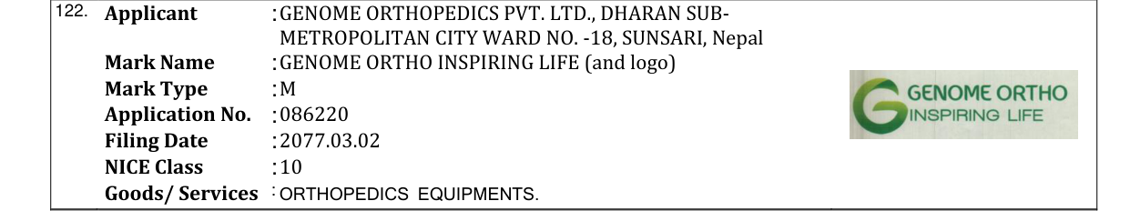Original bulletin entry for GENOME ORTHO INSPIRING LIFE (and logo)
