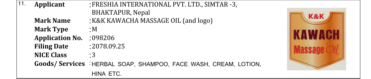 Original bulletin entry for K&K KAWACHA MASSAGE OIL (and logo)