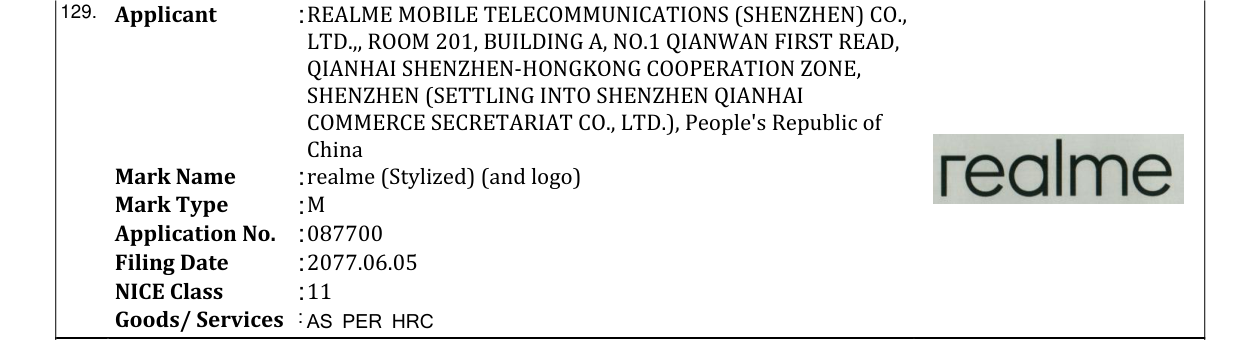 Original bulletin entry for realme (Stylized) (and logo)