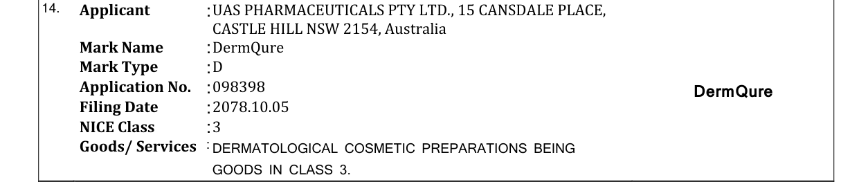 Original bulletin entry for DermQure