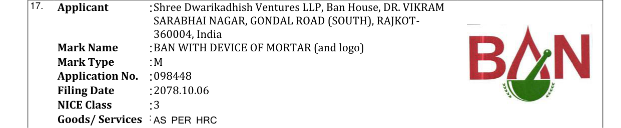 Original bulletin entry for BAN WITH DEVICE OF MORTAR (and logo)