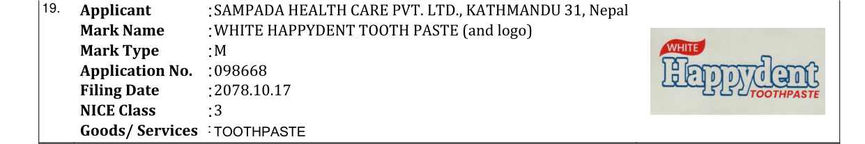 Original bulletin entry for WHITE HAPPYDENT TOOTH PASTE (and logo)