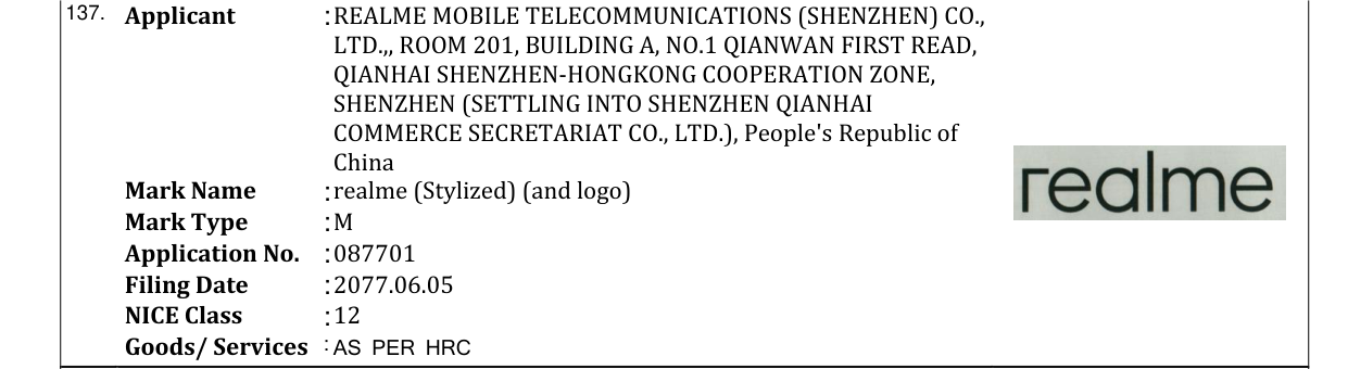 Original bulletin entry for realme (Stylized) (and logo)