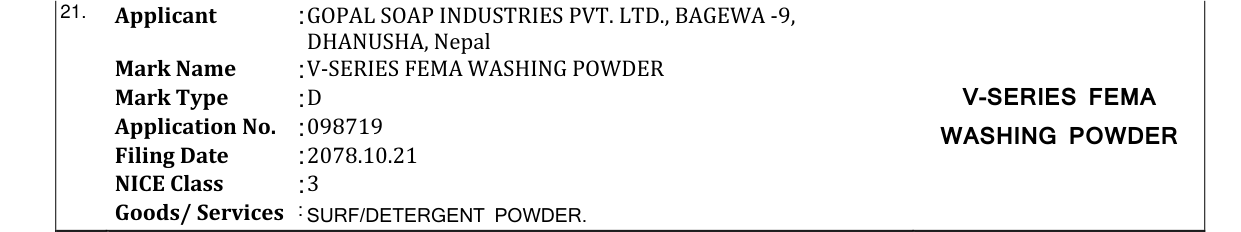 Original bulletin entry for V-SERIES FEMA WASHING POWDER