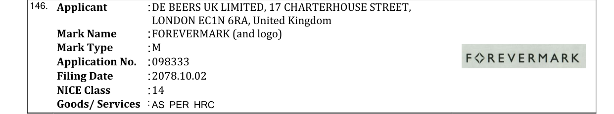 Original bulletin entry for FOREVERMARK (and logo)