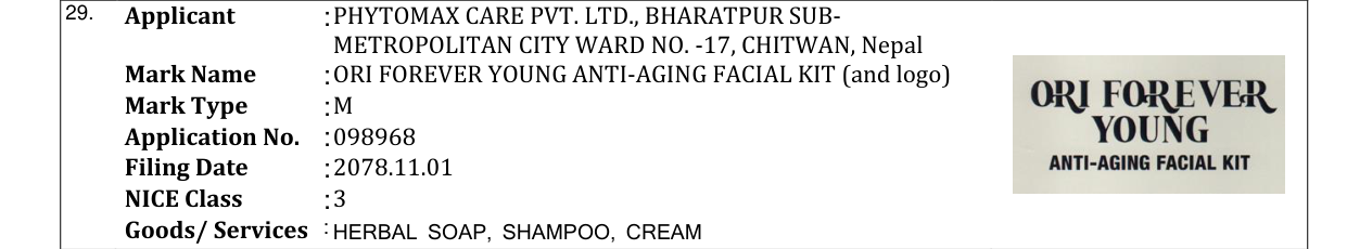 Original bulletin entry for ORI FOREVER YOUNG ANTI-AGING FACIAL KIT (and logo)