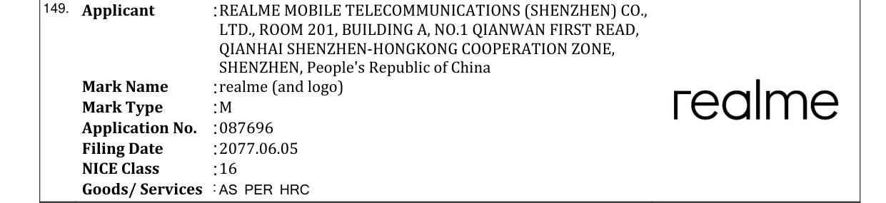 Original bulletin entry for realme (and logo)