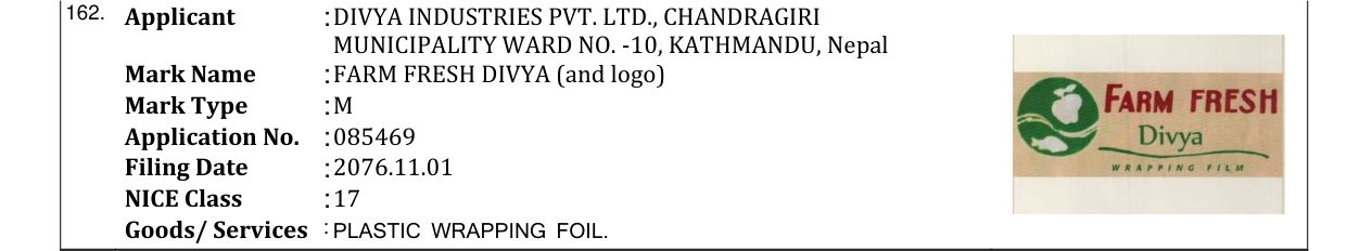 Original bulletin entry for FARM FRESH DIVYA (and logo)