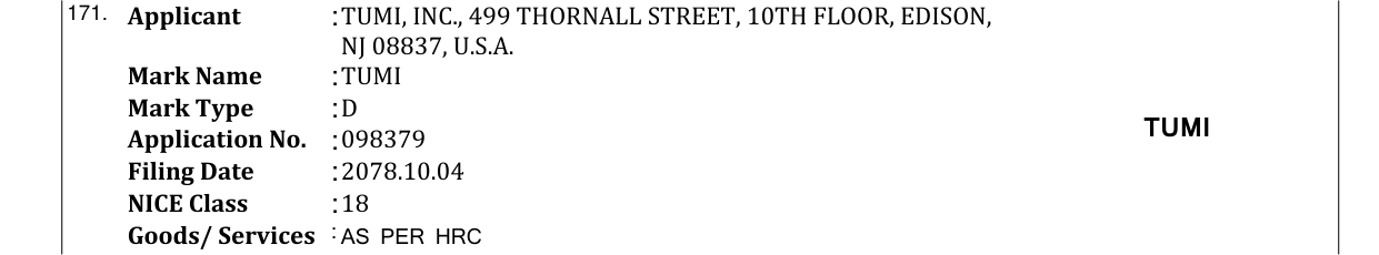 Original bulletin entry for TUMI
