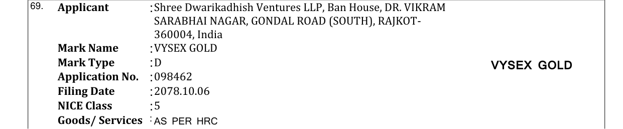Original bulletin entry for VYSEX GOLD