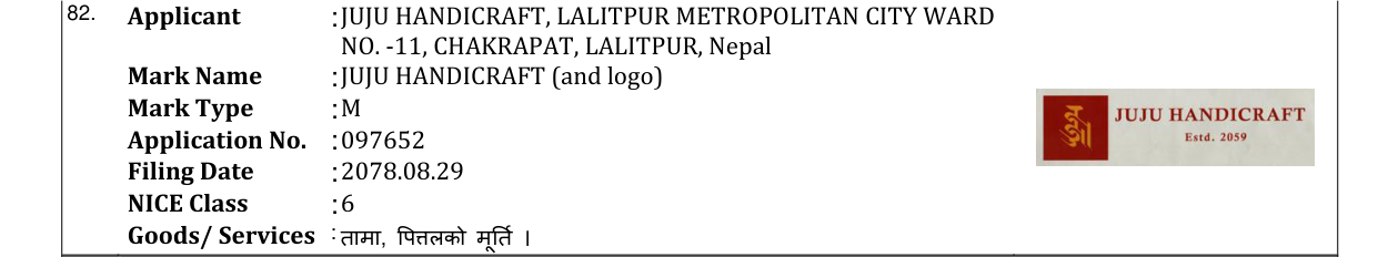 Original bulletin entry for JUJU HANDICRAFT (and logo)