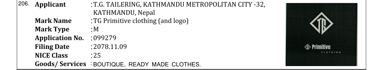 Original bulletin entry for TG Primitive clothing (and logo)