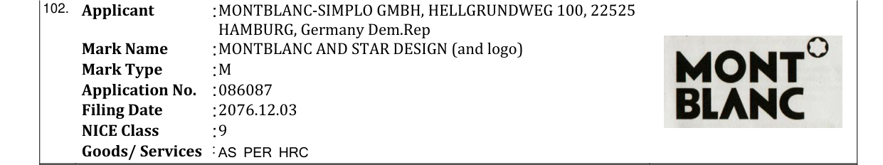 Original bulletin entry for MONTBLANC AND STAR DESIGN (and logo)