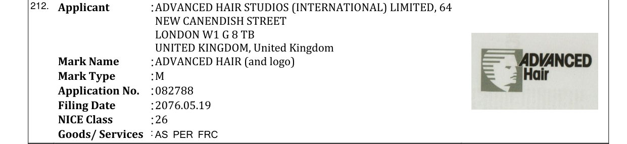 Original bulletin entry for ADVANCED HAIR (and logo)