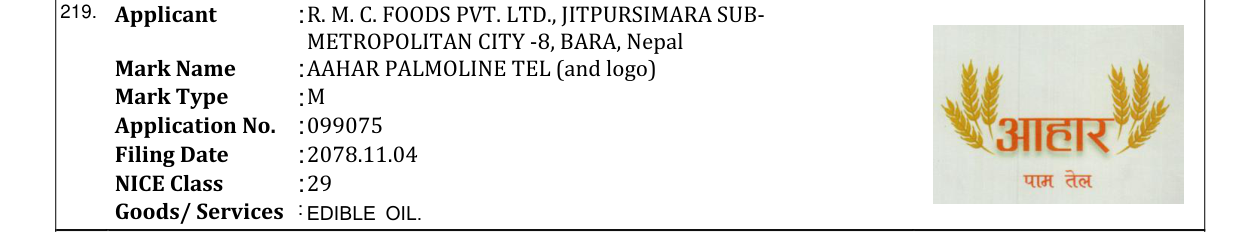 Original bulletin entry for AAHAR PALMOLINE TEL (and logo)