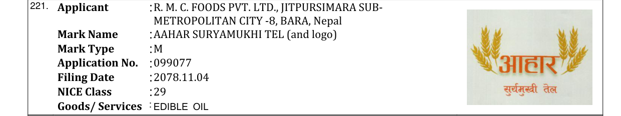 Original bulletin entry for AAHAR SURYAMUKHI TEL (and logo)