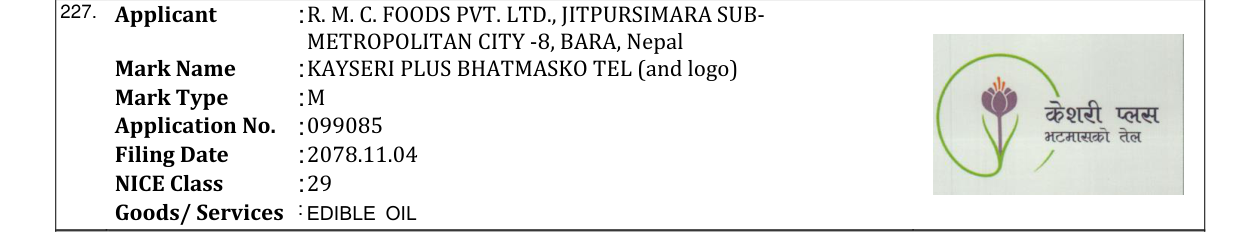 Original bulletin entry for KAYSERI PLUS BHATMASKO TEL (and logo)