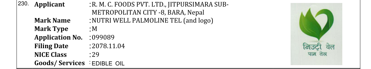 Original bulletin entry for NUTRI WELL PALMOLINE TEL (and logo)