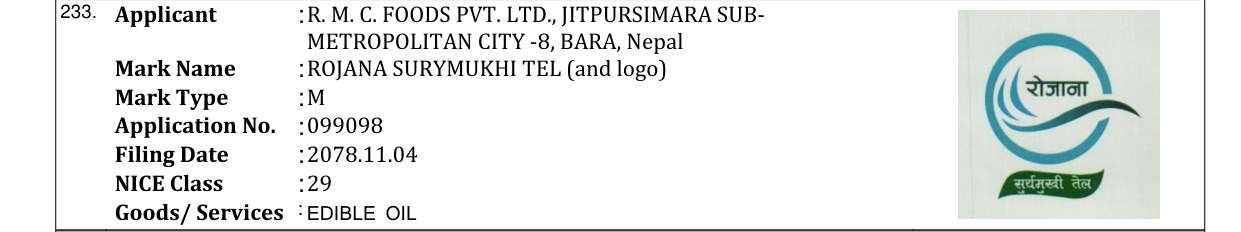 Original bulletin entry for ROJANA SURYMUKHI TEL (and logo)