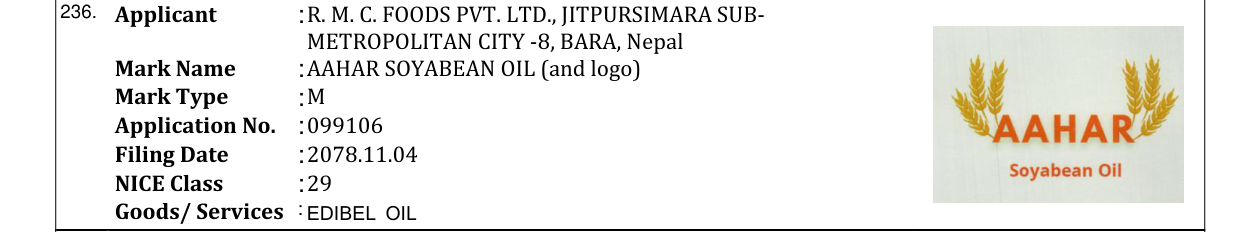 Original bulletin entry for AAHAR SOYABEAN OIL (and logo)