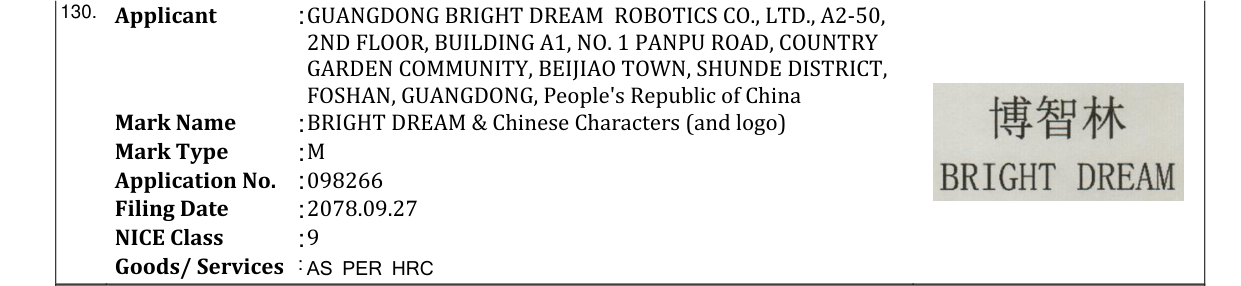 Original bulletin entry for BRIGHT DREAM & Chinese Characters (and logo)