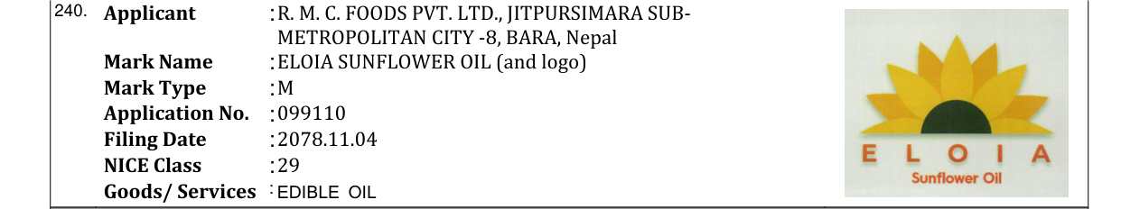 Original bulletin entry for ELOIA SUNFLOWER OIL (and logo)
