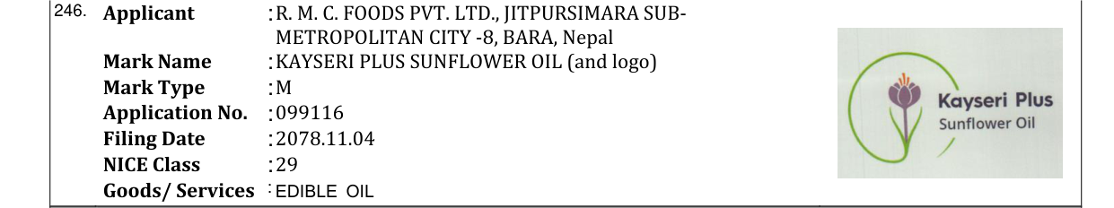 Original bulletin entry for KAYSERI PLUS SUNFLOWER OIL (and logo)