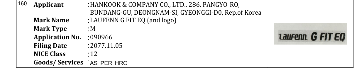 Original bulletin entry for LAUFENN G FIT EQ (and logo)