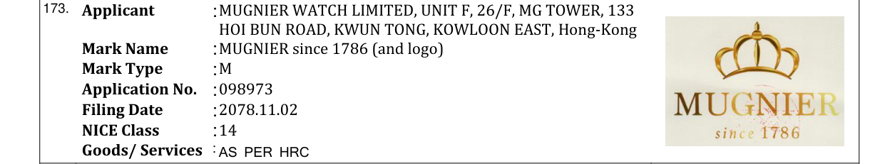Original bulletin entry for MUGNIER since 1786 (and logo)