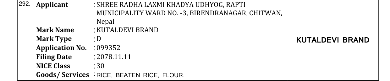 Original bulletin entry for KUTALDEVI BRAND