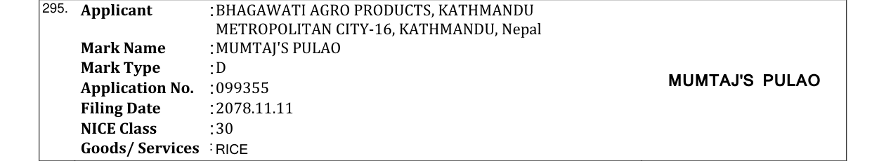 Original bulletin entry for MUMTAJ'S PULAO
