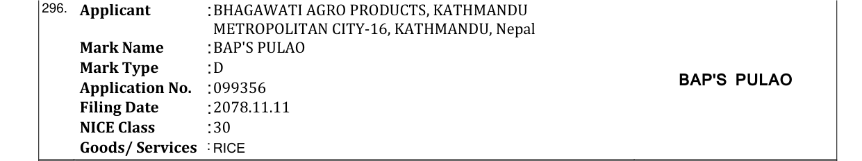 Original bulletin entry for BAP'S PULAO