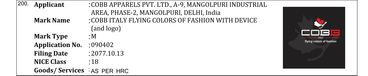 Original bulletin entry for COBB ITALY FLYING COLORS OF FASHION WITH DEVICE (and logo)