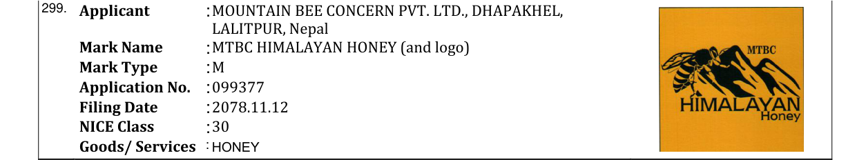 Original bulletin entry for MTBC HIMALAYAN HONEY (and logo)